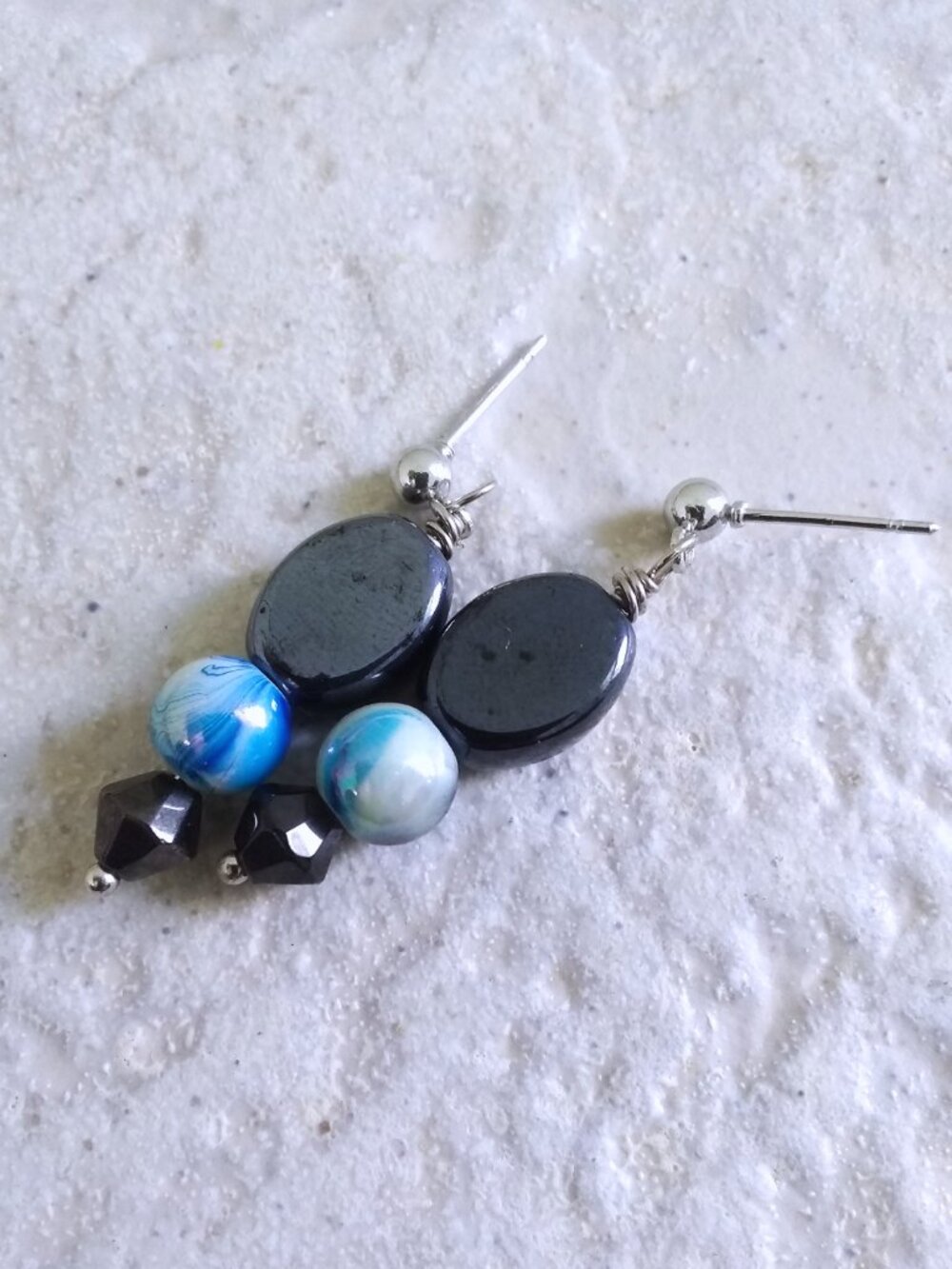 Minimalist Contemporary Casual: Charcoal & Blue ~ Stacked Beaded Post Earrings